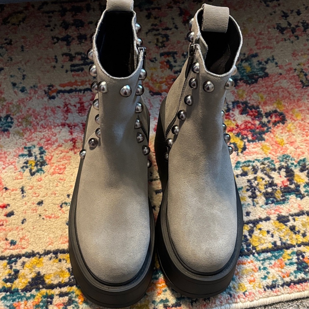 J/SLIDES Black and Light Gray Suede Ankle Boots with Stud Detail